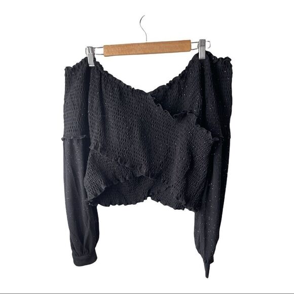 VERONA couture black sparkle smock faux wrap off shoulder crop top with sleeves - Picture 4 of 13
